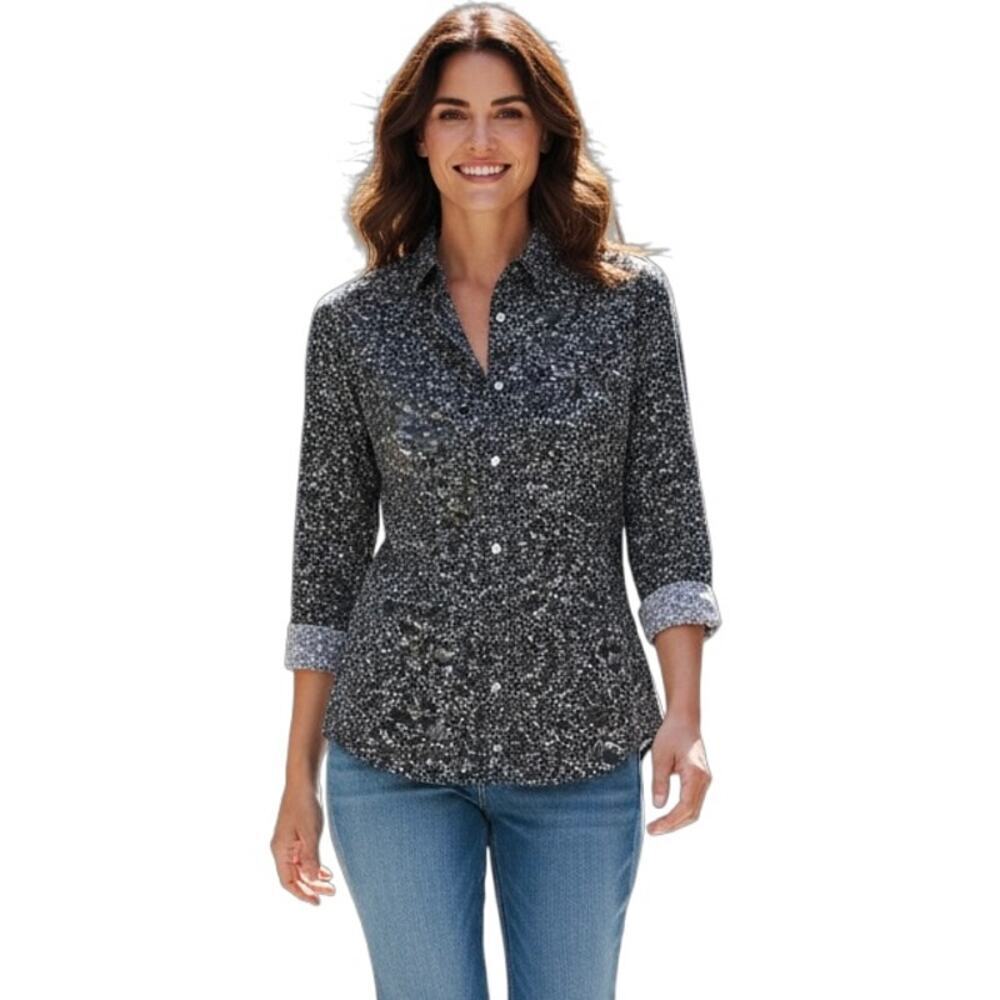 H&M Women's Button Up Shirt M Blue Floral Print Easy Iron Slim Fit Long Sleeve